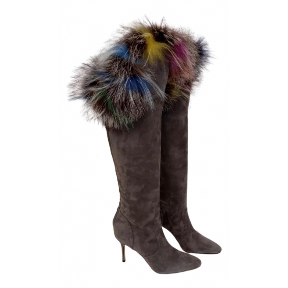 Manolo Blahnik Grey Suede Heeled Boots With Colored Fur Trim